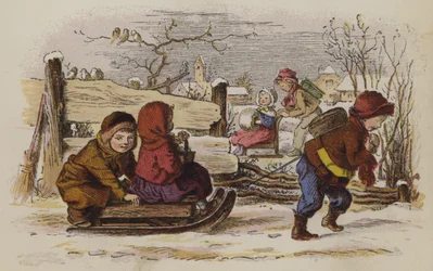 Kinder spielen mit einem Schlitten im Schnee